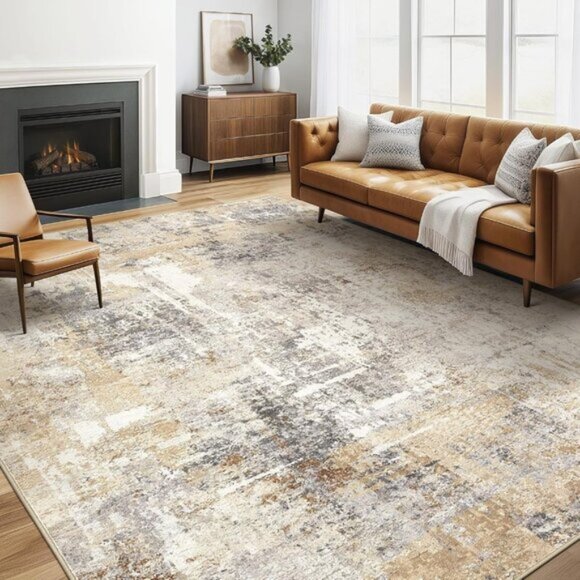 5x7 Gray Gold Washable Area Rug, Modern Abstract Non-Slip Carpet for Room Decor